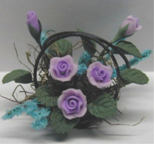 Dollhouse Miniature Lav. Roses/Wire Basket 1 1/4